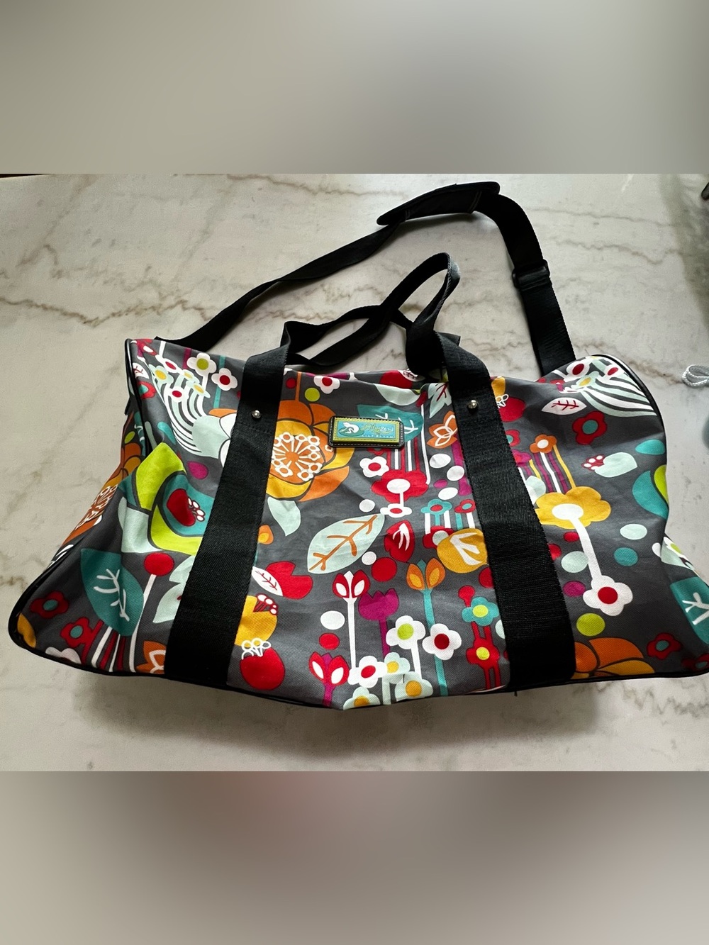 Lily Bloom Zen Funky Flowers Leaves Large Duffel Overnight Travel Bag Owl Tag